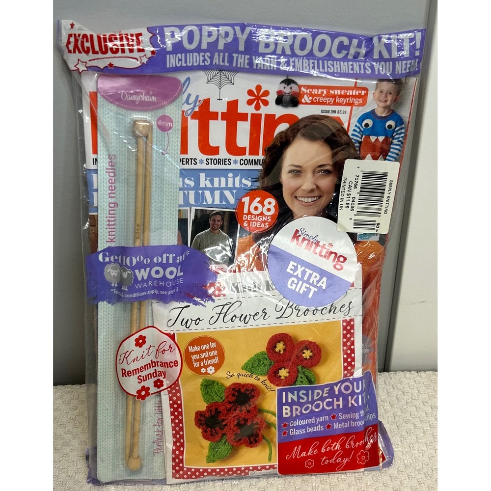 Simply Knitting Magazine Issue 190‎ with Poppy Brooch Kit and 4mm Needles NEW